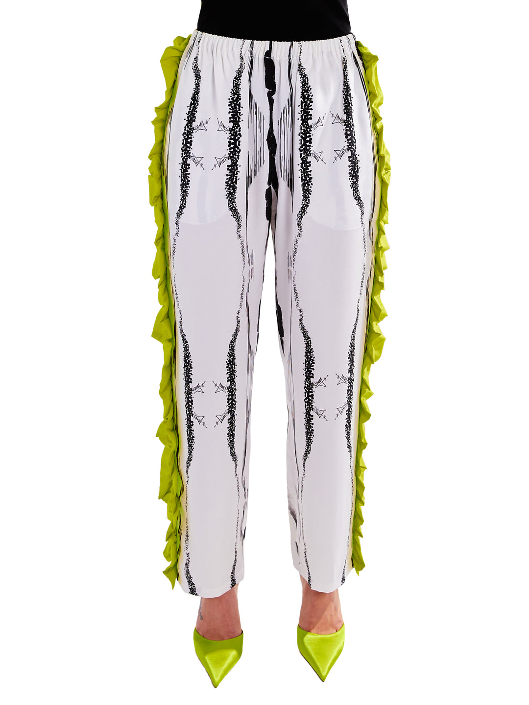 Ruffle Pants in Custom Print and Cyber Lime Tencel