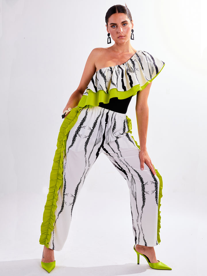 Ruffle Bodysuit in Custom Print and Cyber Lime Cotton