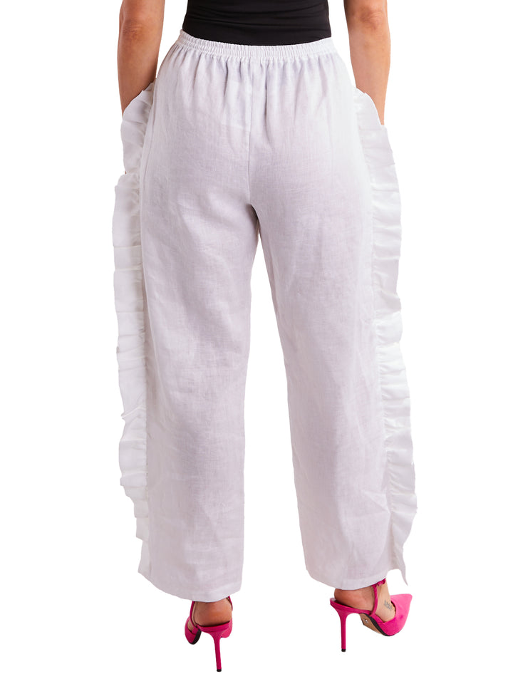 Ruffle Pants in White Linen