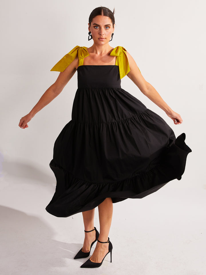 Long Tiered Bow Dress in Black Cotton