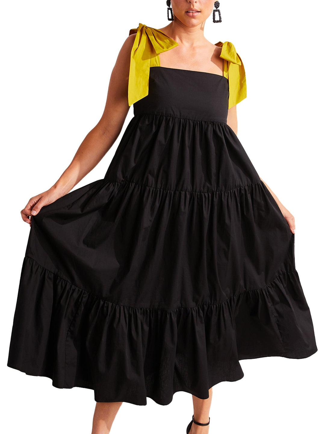 Long Tiered Bow Dress in Black Cotton Medium Long Tiered Bow Dress in Black Cotton Medium