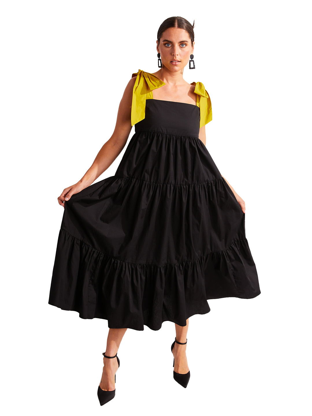 Long Tiered Bow Dress in Black Cotton