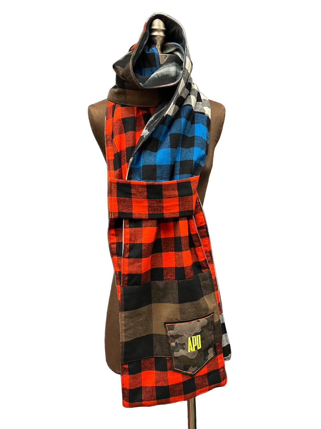 Ultra Long Patchwork Scarf in Check Flannel and Vintage Terry Cotton