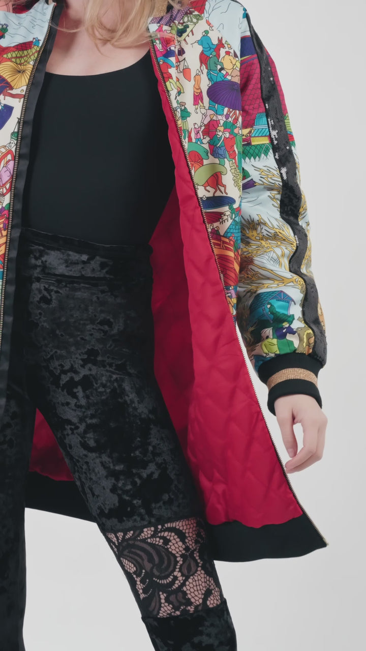 Long Bomber Jacket in Asian Print