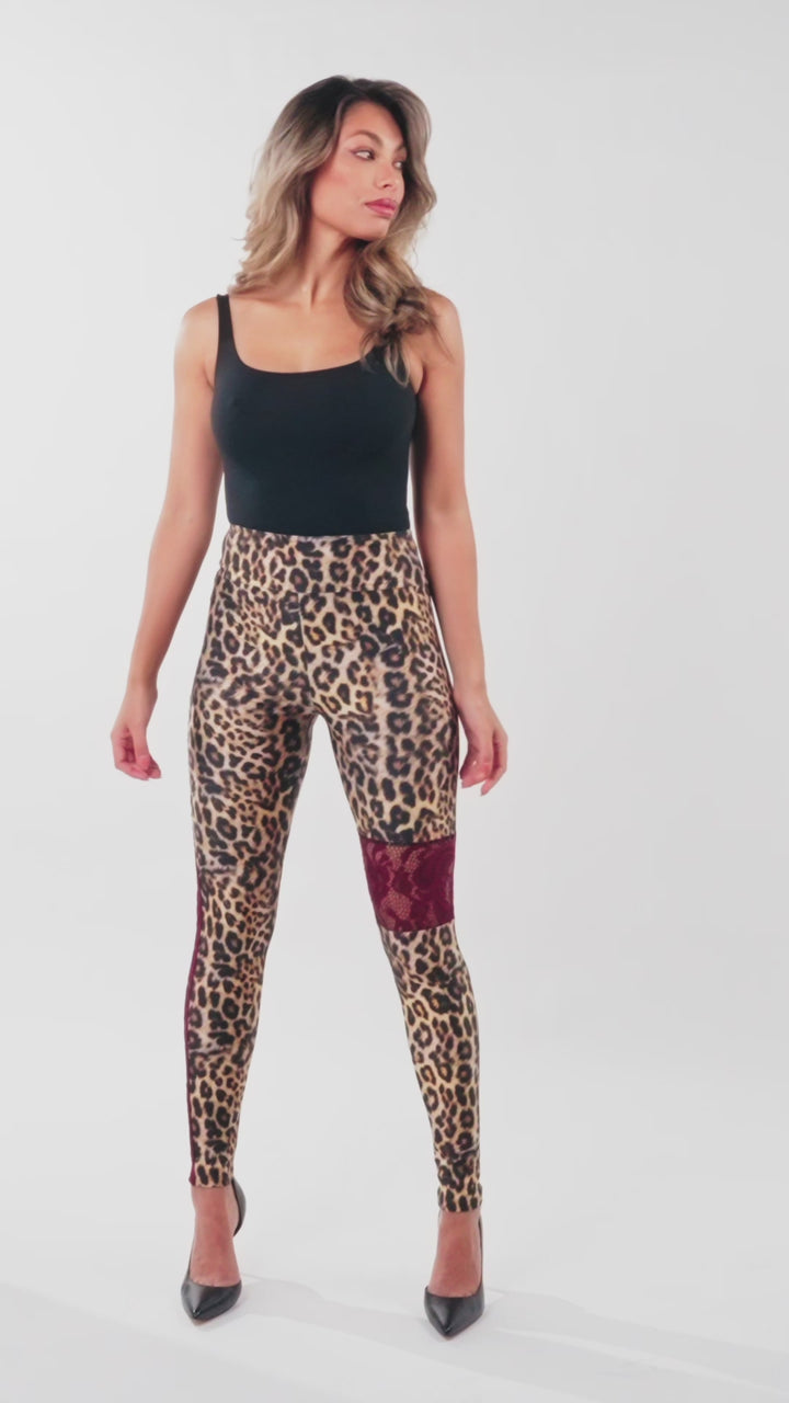 Leggings in Leopard Print and Maroon Lace