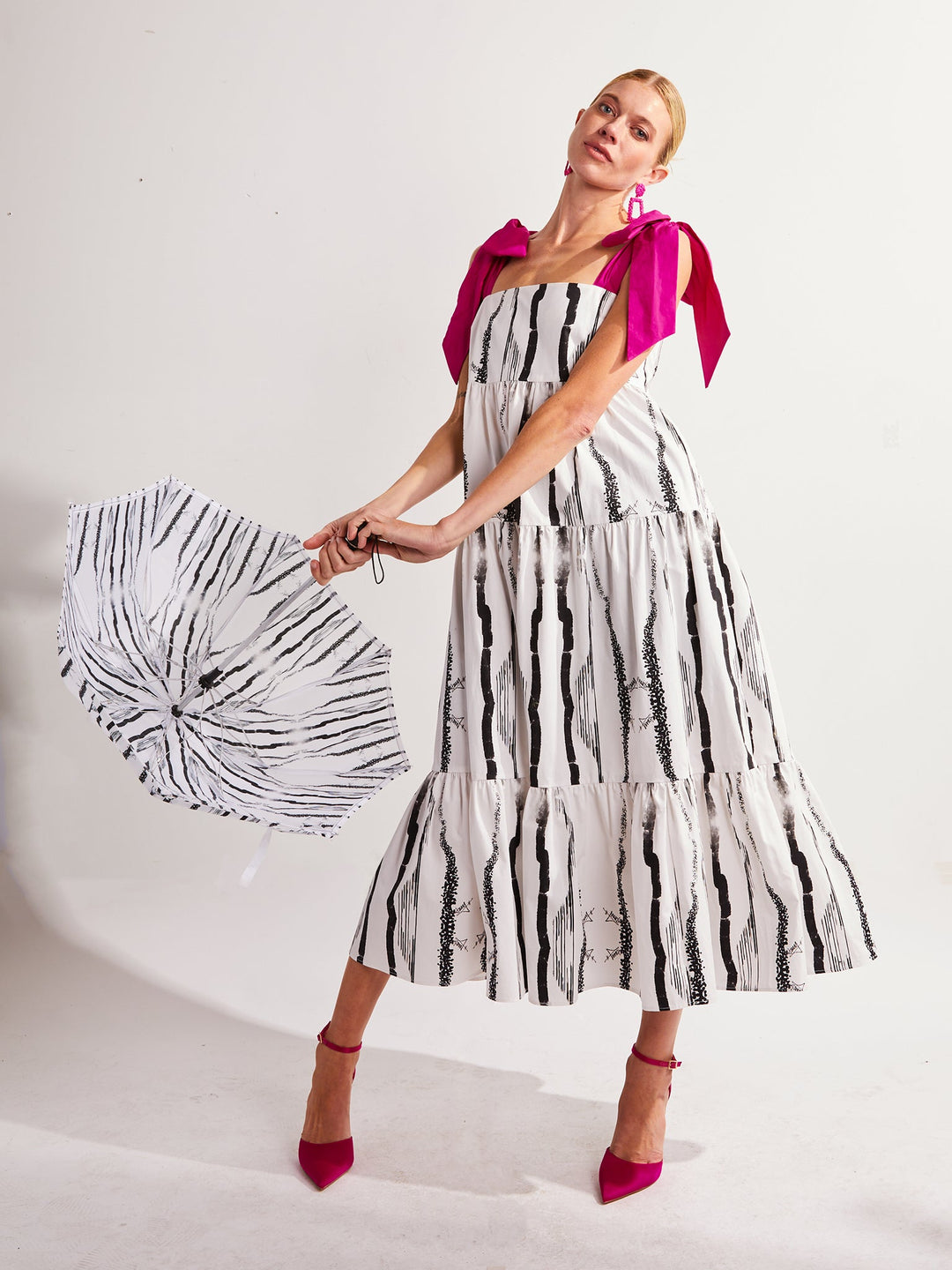 Long Tiered Dress with Pink Bow Straps in Custom Print Amy Page DeBlasio Long Tiered Dress with Pink Bow Straps in Custom Print Amy Page DeBlasio