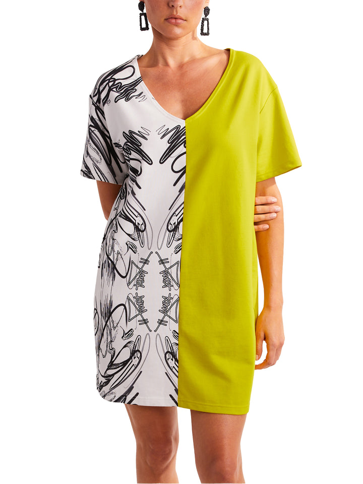 V-Neck Dress in Custom Print Color Block French Terry Cotton