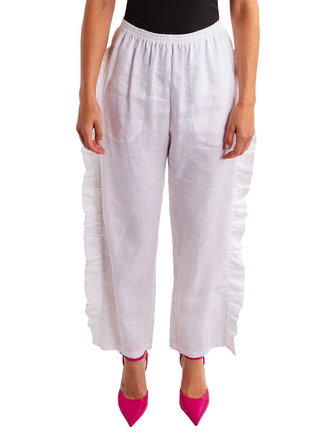 Linen Pants with Side Ruffle in White, 100% Italian linen – Amy