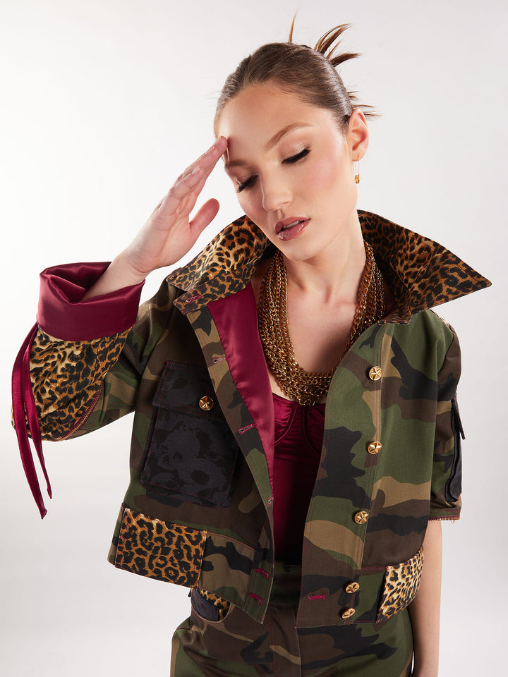 Camo and leopard cargo jacket with zip-off sleeves and maroon satin lining