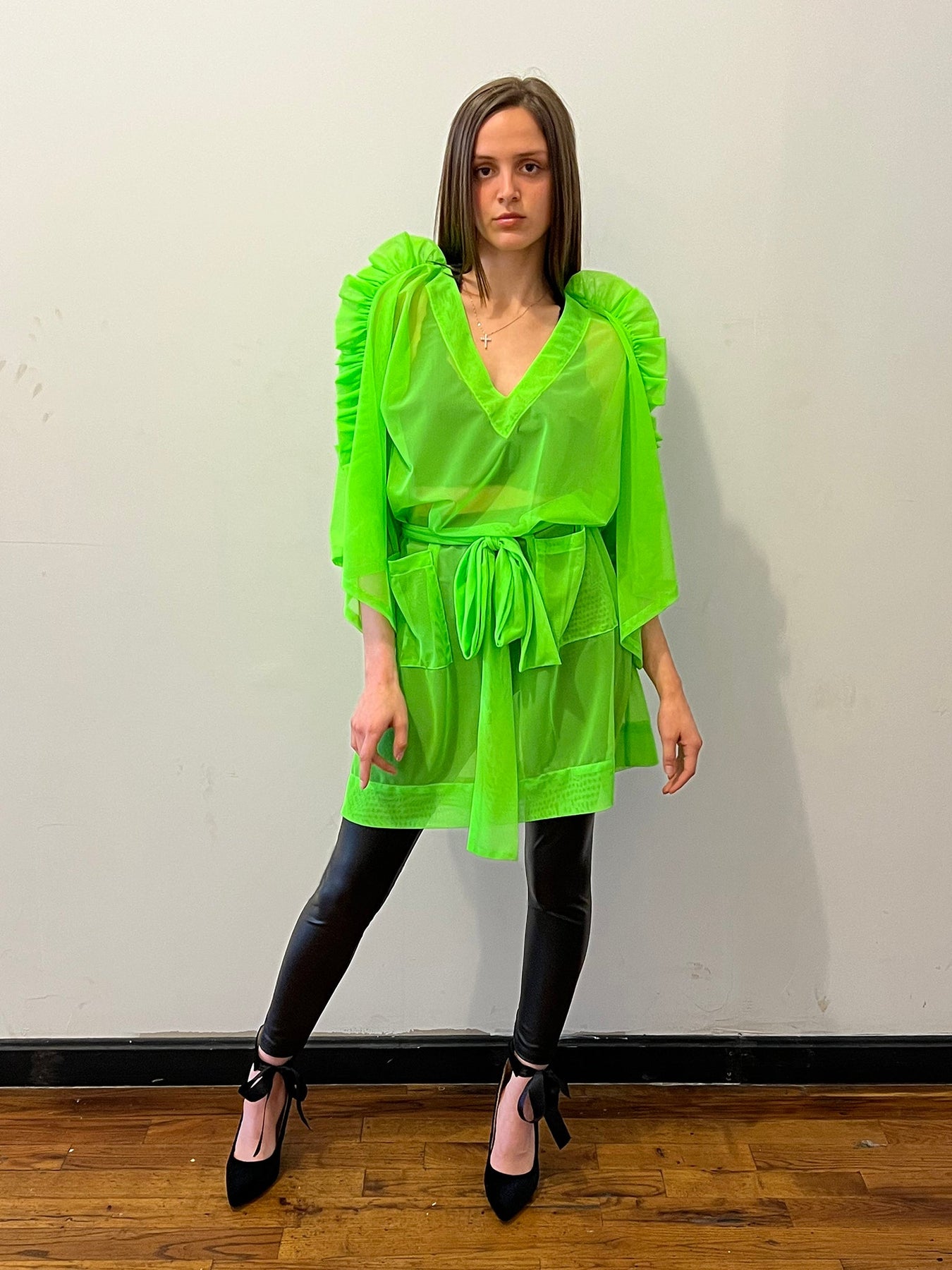 Women's Sheer Lime Green Kimono Dress with Ruffle Sleeves Amy Page DeBlasio Women's Sheer Lime Green Kimono Dress with Ruffle Sleeves Amy Page DeBlasio