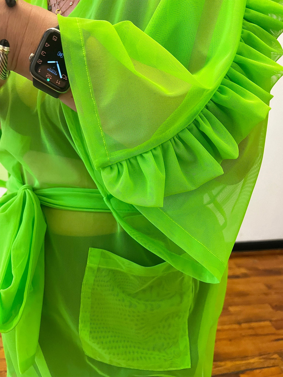 Women's Sheer Lime Green Kimono Dress with Ruffle Sleeves Amy Page DeBlasio Women's Sheer Lime Green Kimono Dress with Ruffle Sleeves Amy Page DeBlasio