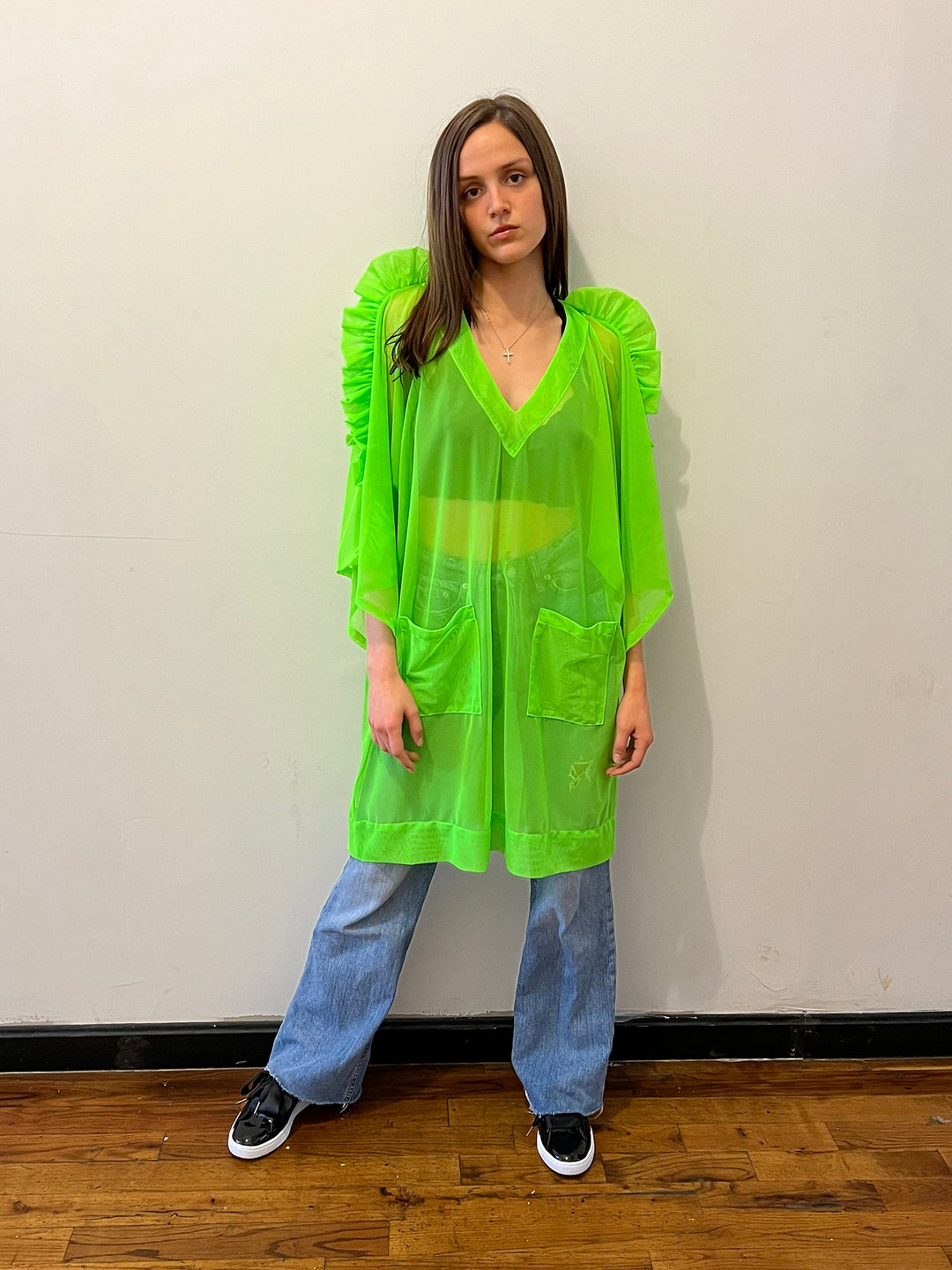 Women's Sheer Lime Green Kimono Dress with Ruffle Sleeves Amy Page DeBlasio Women's Sheer Lime Green Kimono Dress with Ruffle Sleeves Amy Page DeBlasio