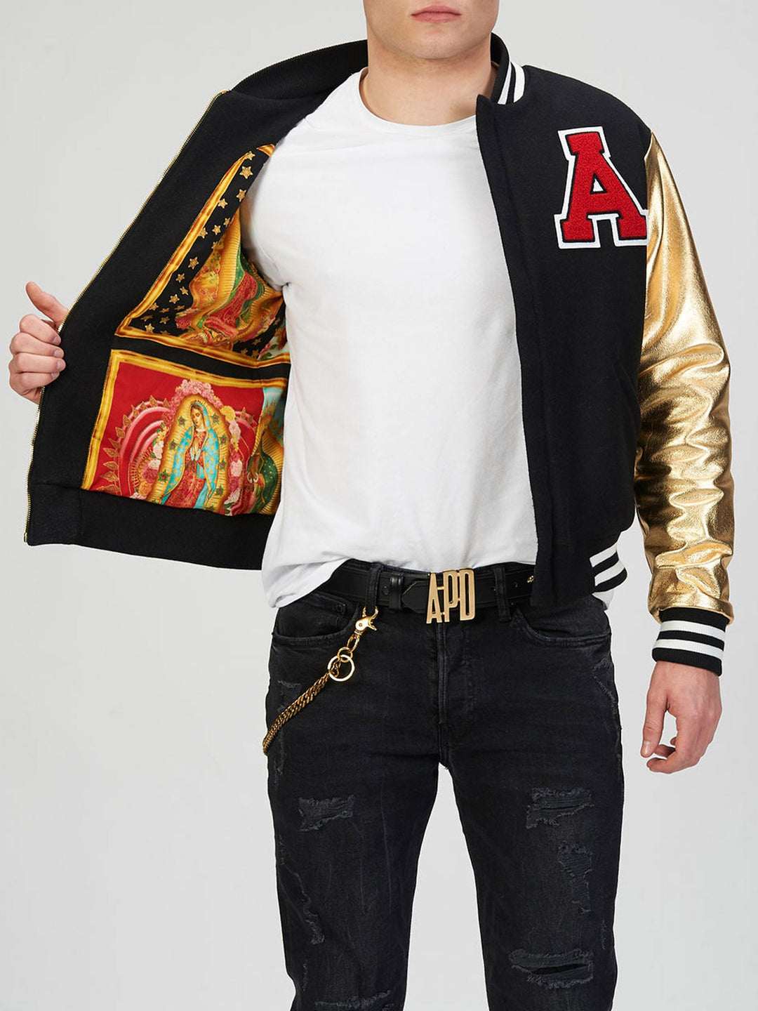 Letterman jacket with Virgin Mary 