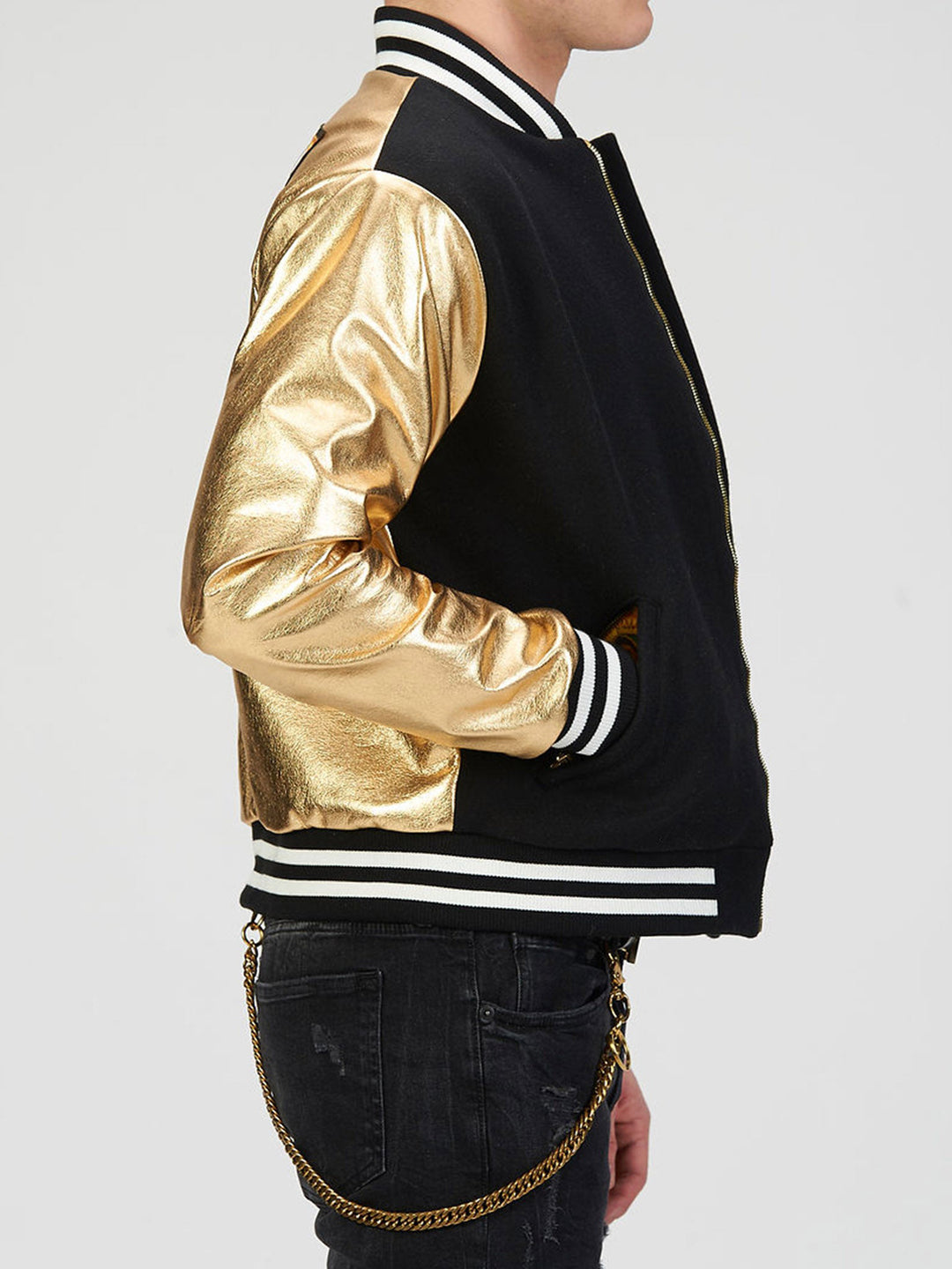 Letterman jacket with gold sleeves