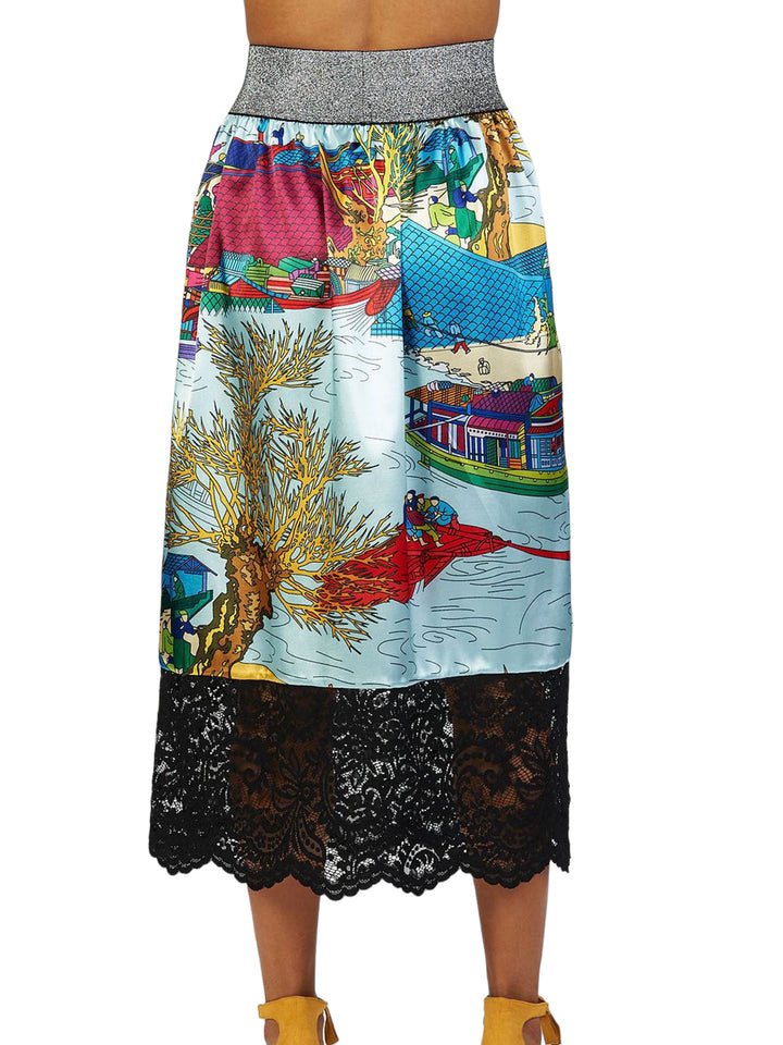 Asian Print Satin and Lace Skirt (50% OFF)