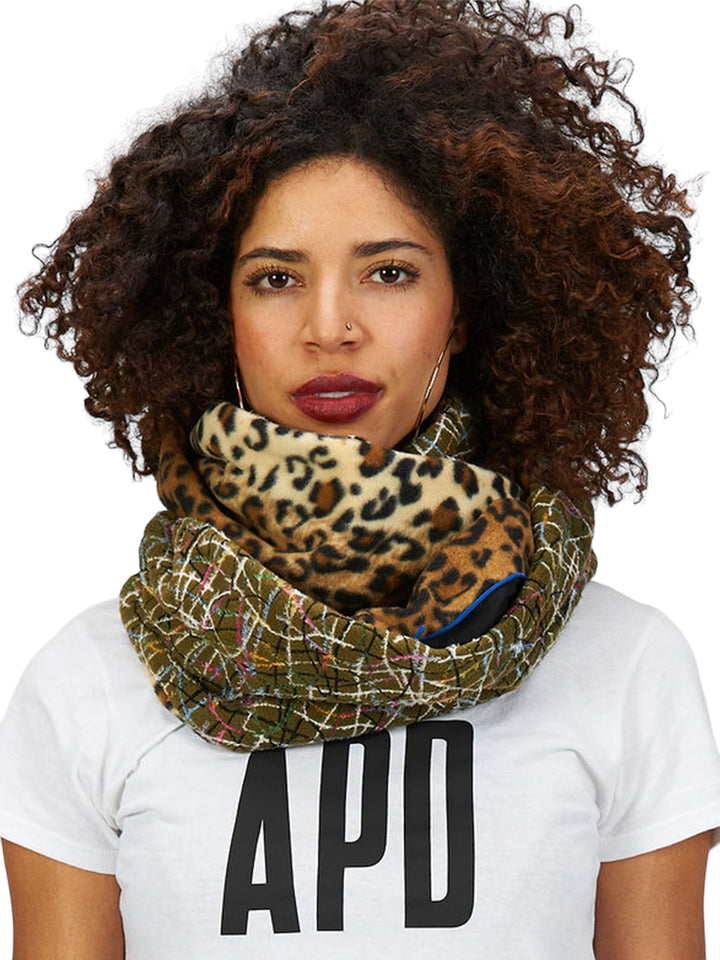 Reversible Pocket Infinity Scarf in Green and Leopard Fleece (20% OFF)