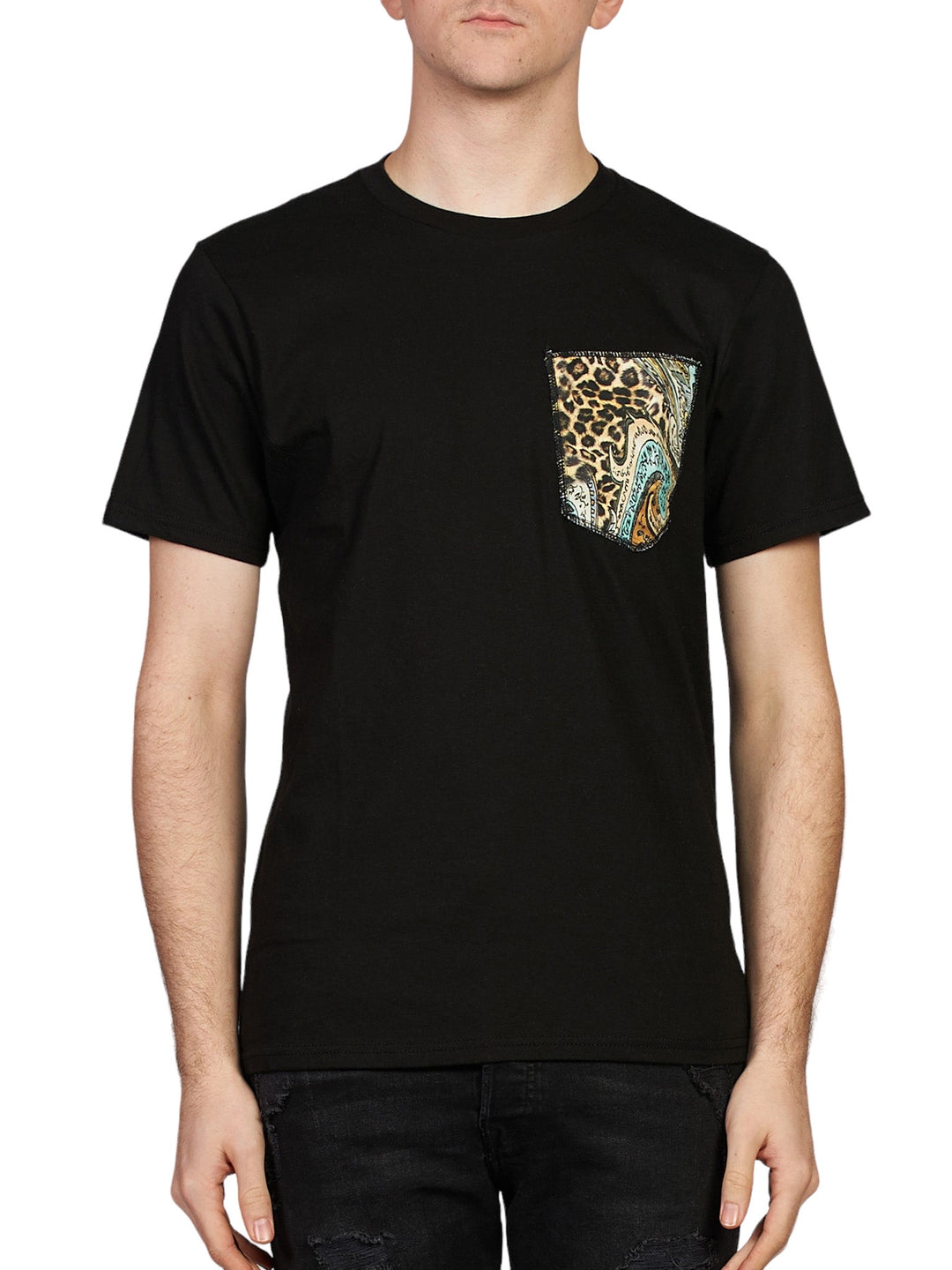Tee Shirt with Leopard/Paisley Pocket in Black (25% OFF)