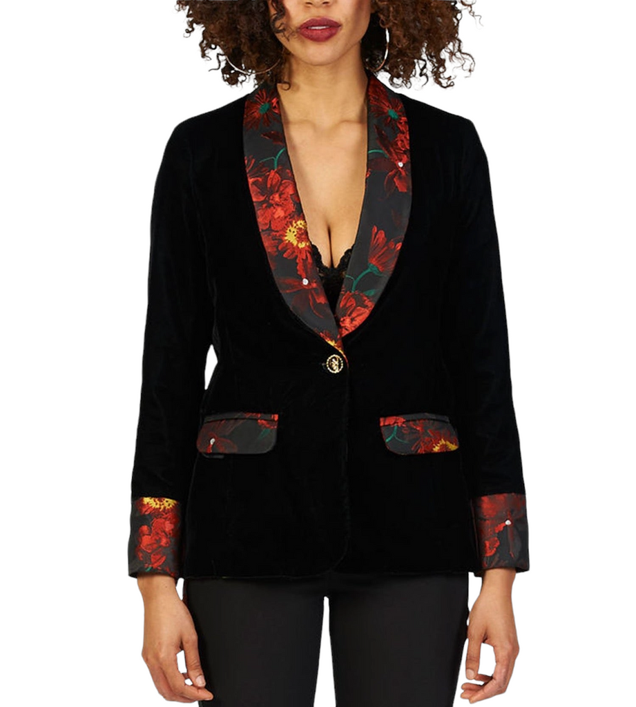 Cotton Velvet Blazer in Black with Red Floral Lapels and Gold Button