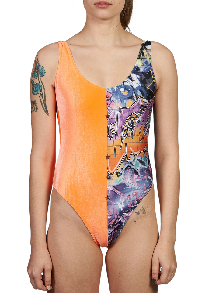 Studded Swimsuit|Bodysuit in Neon Peach Velvet and Graffiti Print (75% OFF)