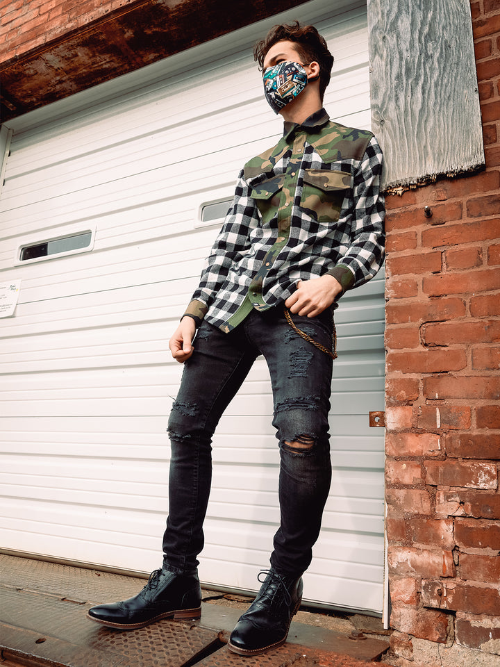 Western Shirt in Black Checked Flannel and Camo (25% OFF)