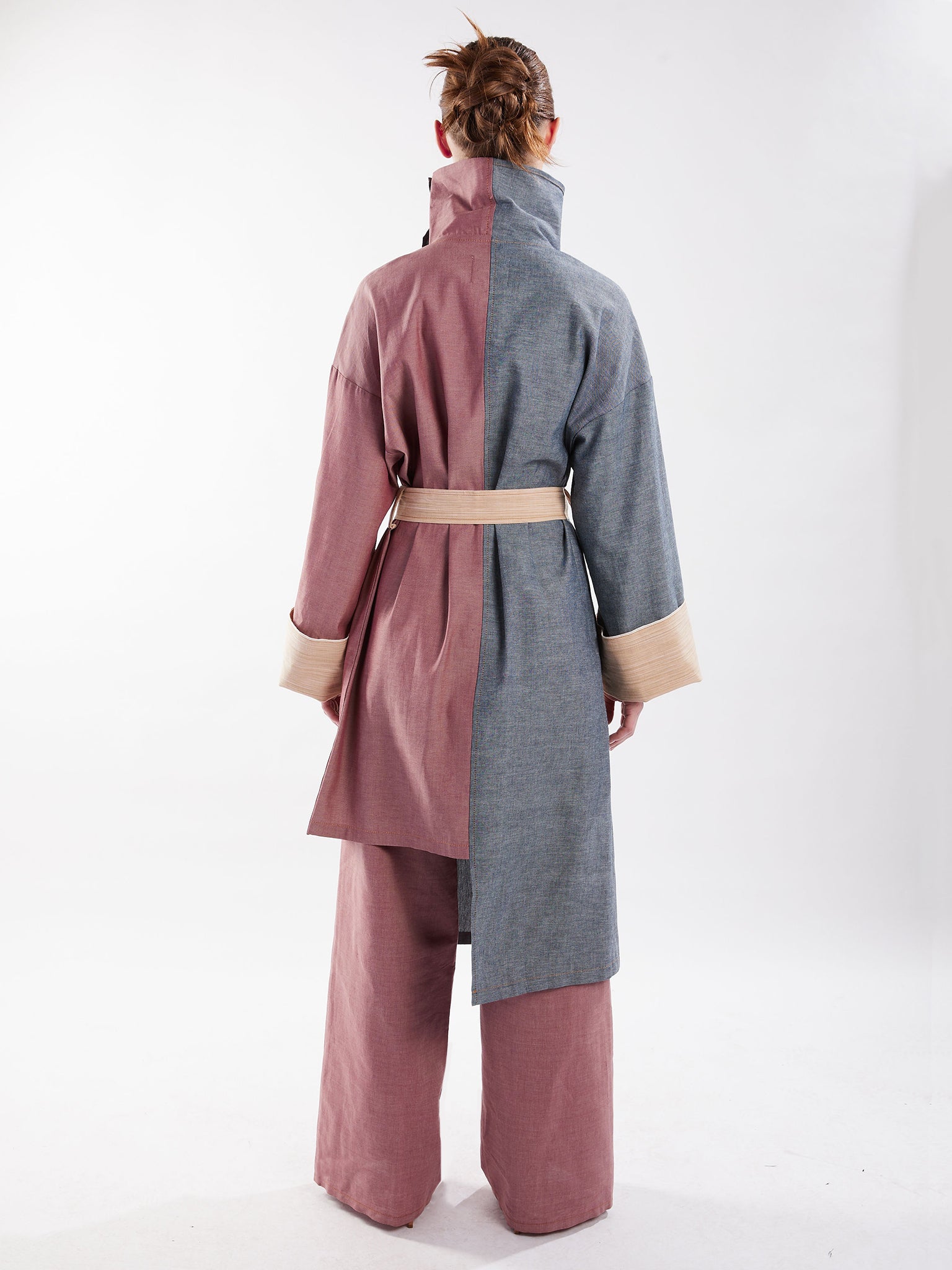 Women's Asymmetric Color Block Trench Coat - Blue, Red, Tan