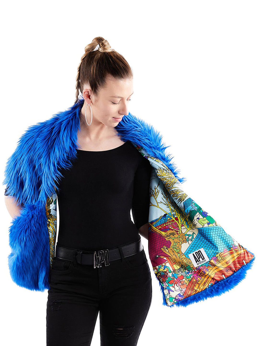 Faux Fur Pocket Scarf in Blue and Satin Asian Print (60% OFF)