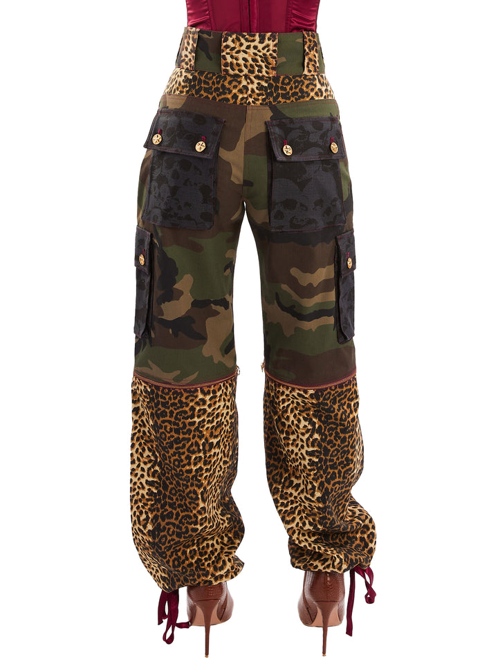 Camo and leopard cargo pants with drawstring hem ankle ties 