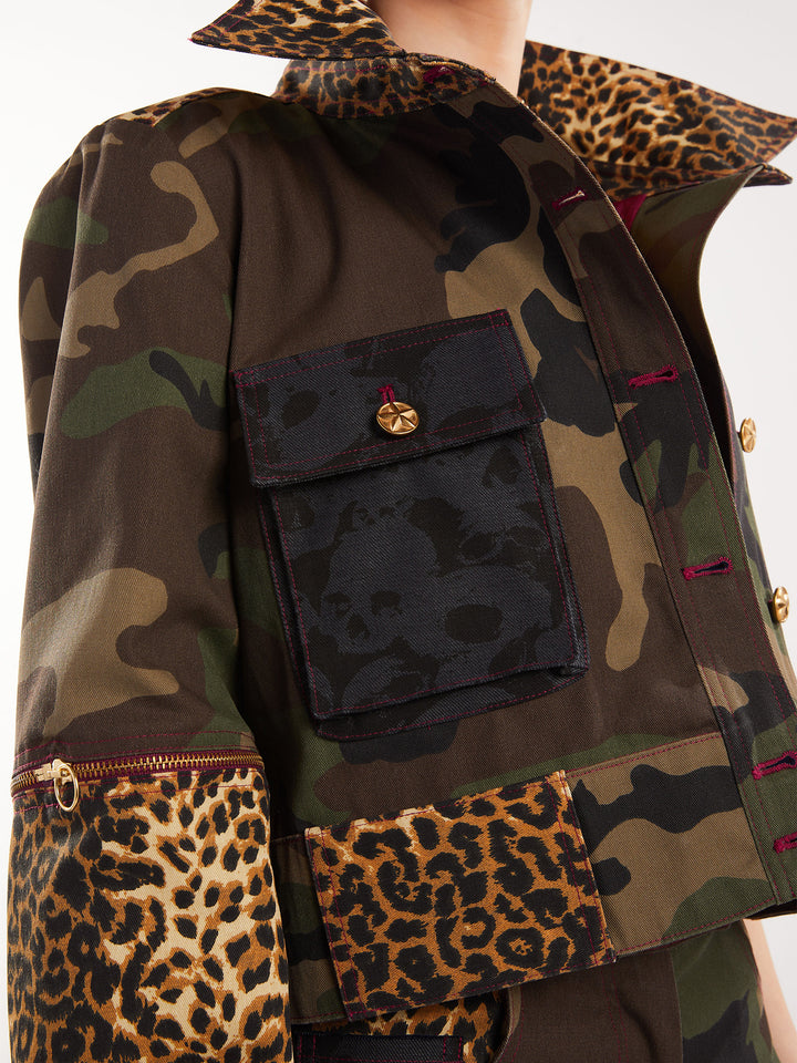 Camo print and leopard print convertible jacket with zip-off sleeves