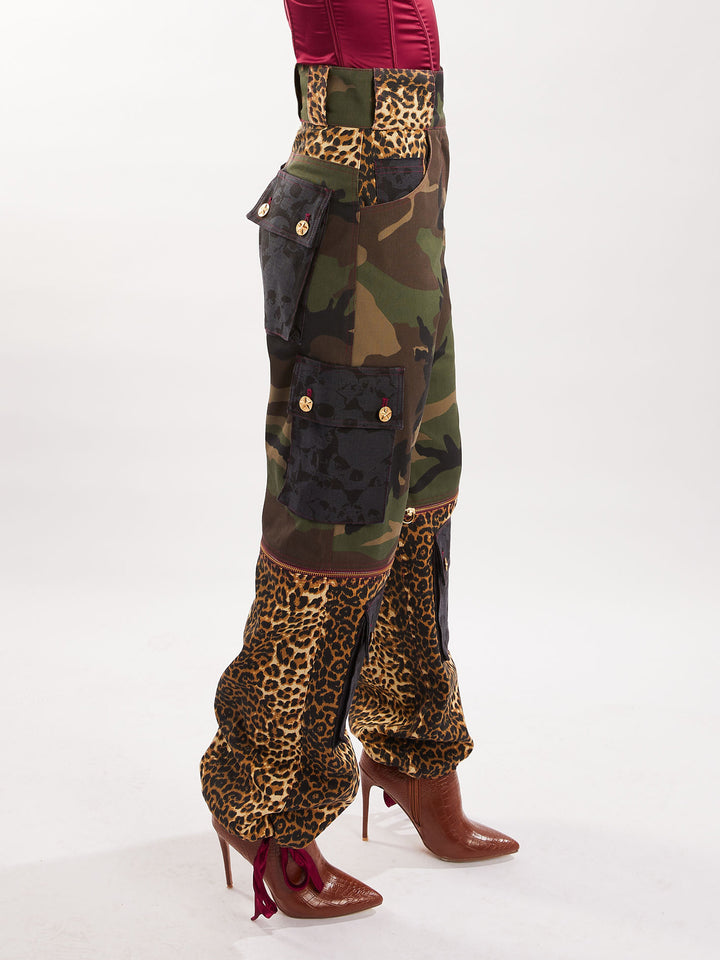 Leopard and camo zip-off cargo pants 
