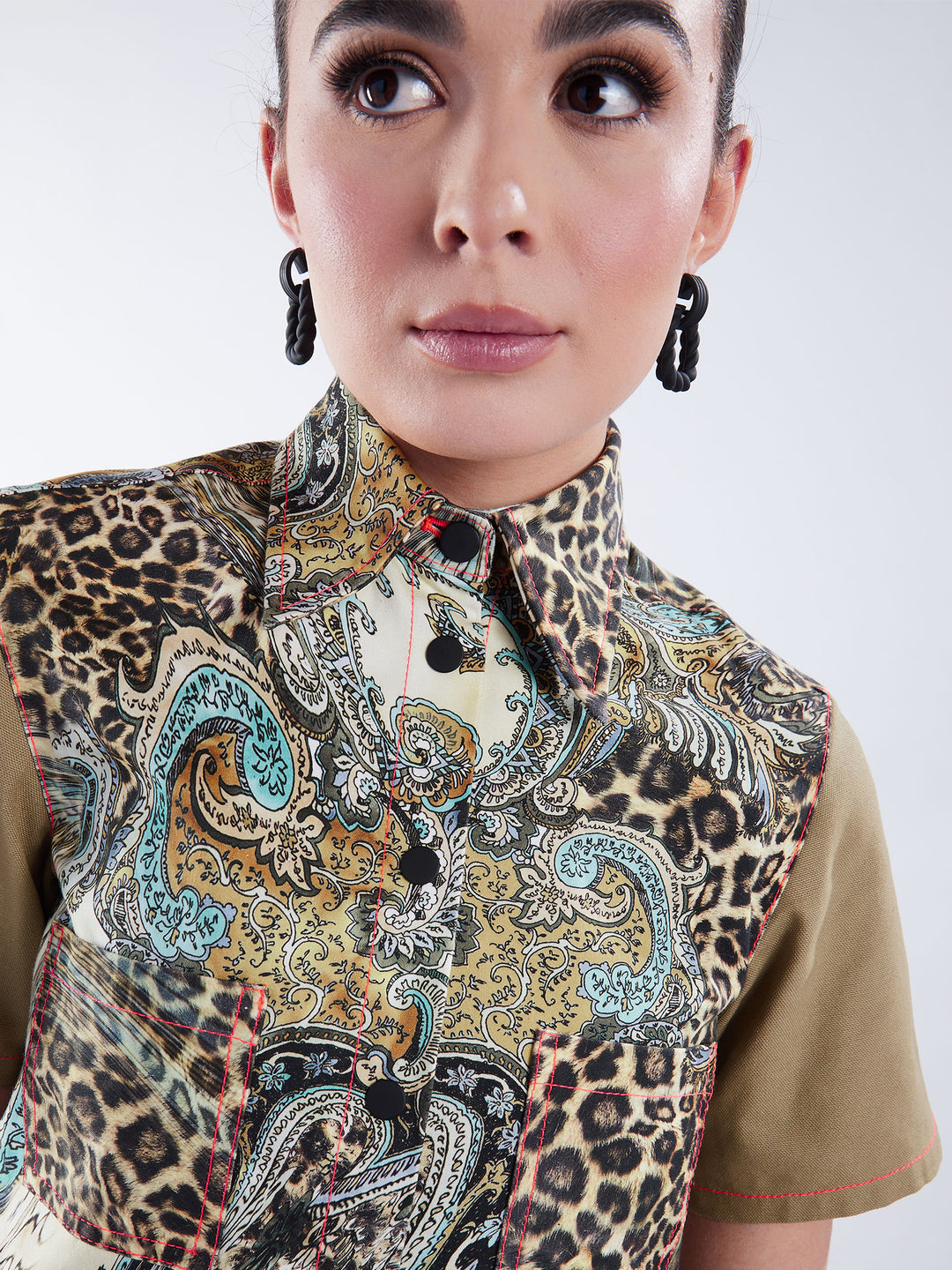 Leopard paisley cropped button-up with snaps 