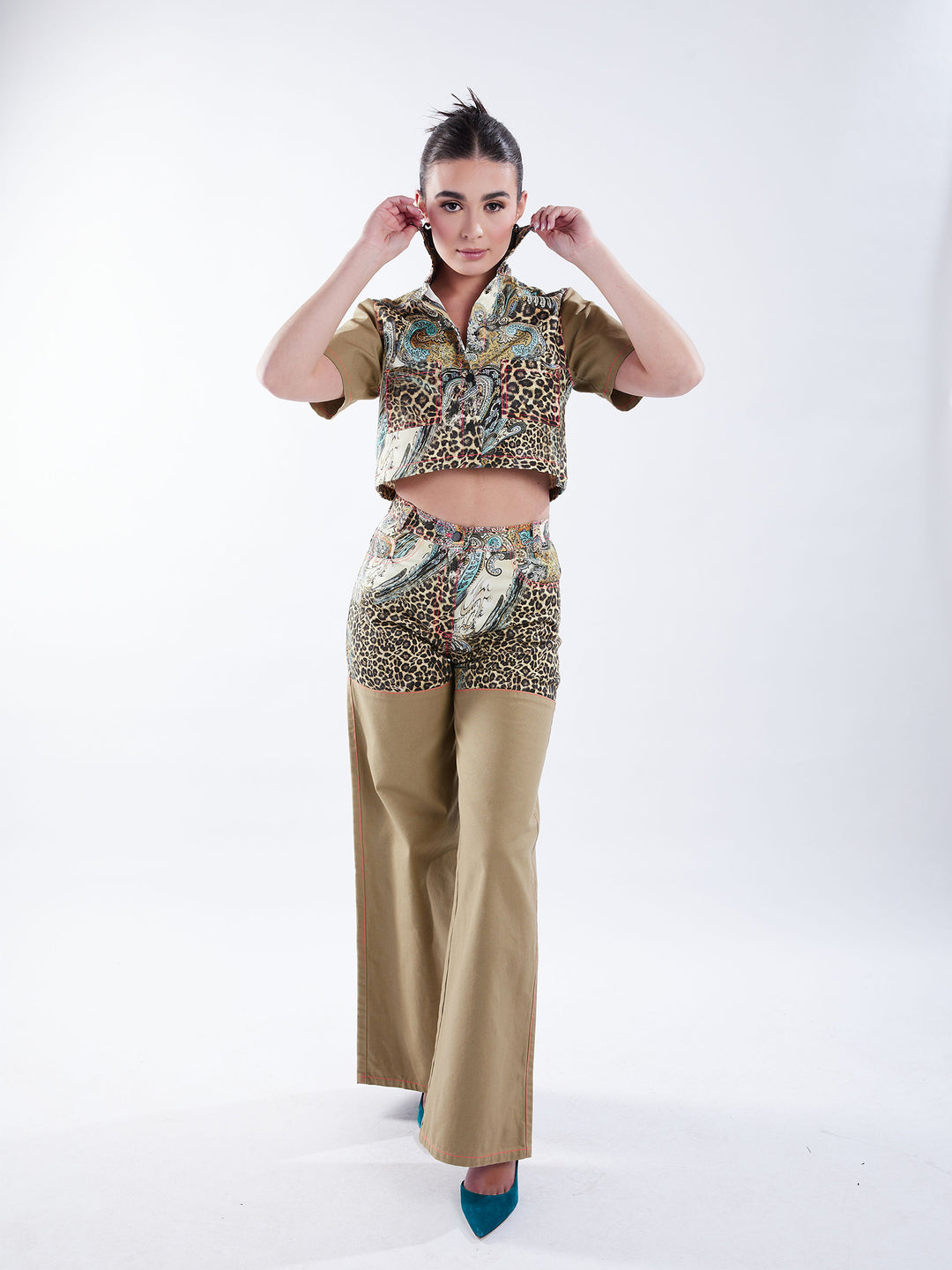 Two tone wide leg leopard and paisley duck pants 