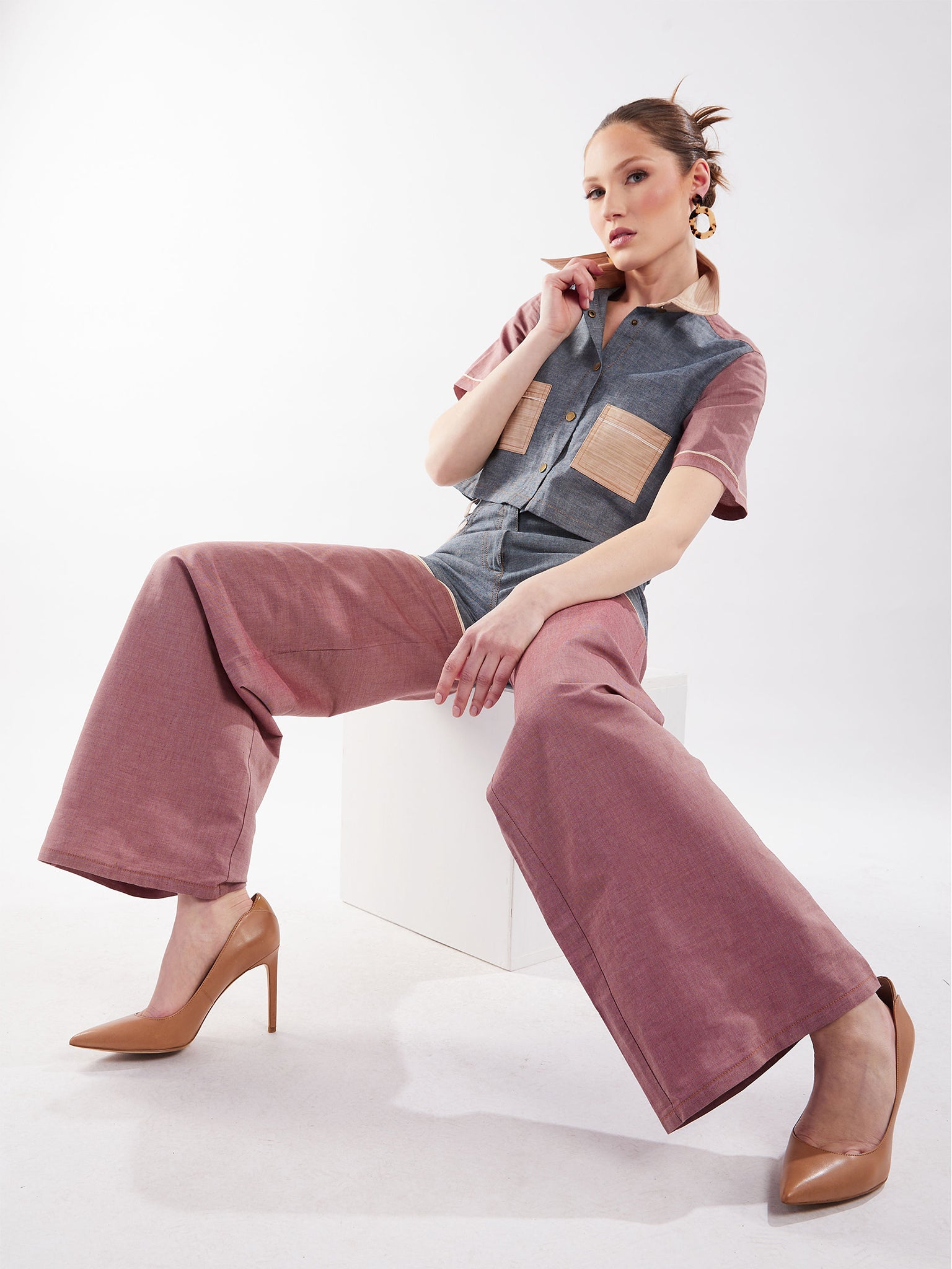 Women's Cropped Button-Down Shirt in Blue, Red, Tan Chambray
