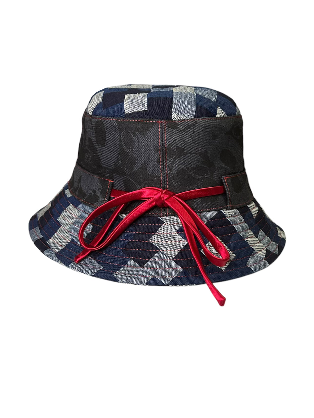 Denim bucket hat with red satin drawstring