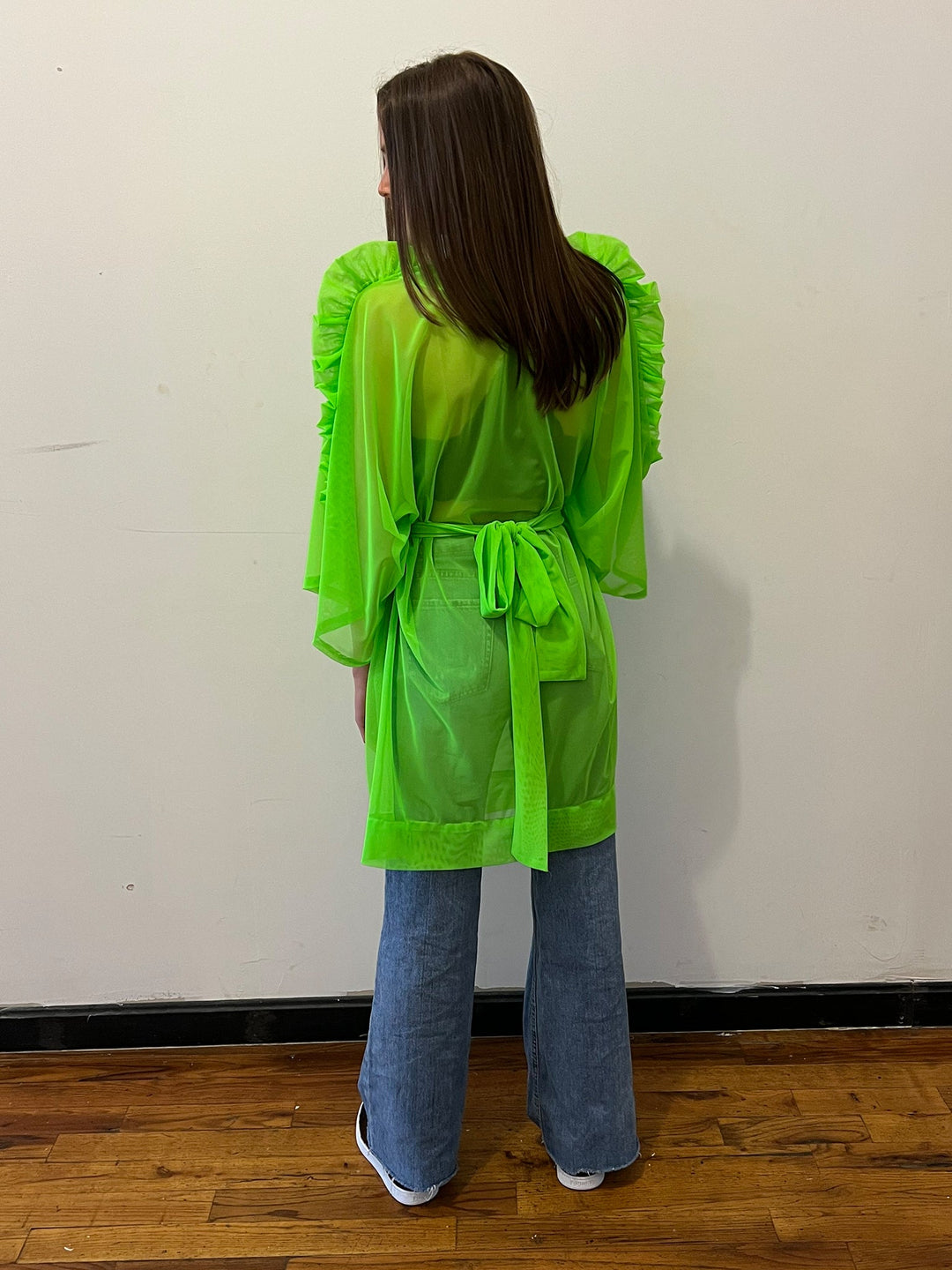 Women's Sheer Lime Green Kimono Dress with Ruffle Sleeves Amy Page DeBlasio Women's Sheer Lime Green Kimono Dress with Ruffle Sleeves Amy Page DeBlasio