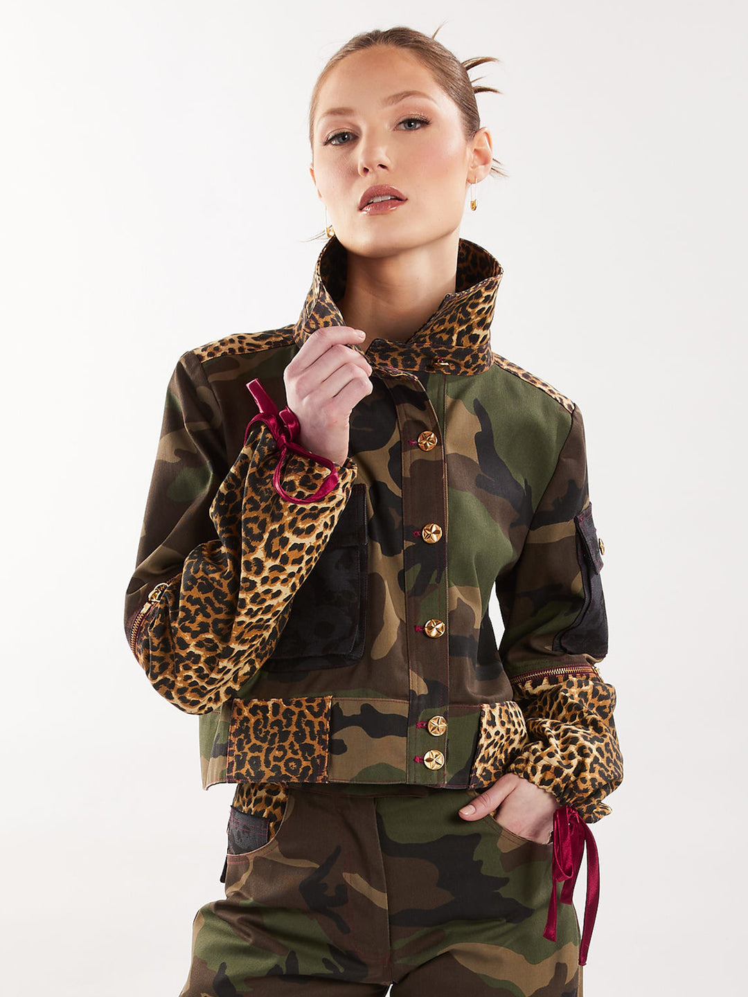 Camo cargo jacket with zip off sleeves and satin drawstring wrists