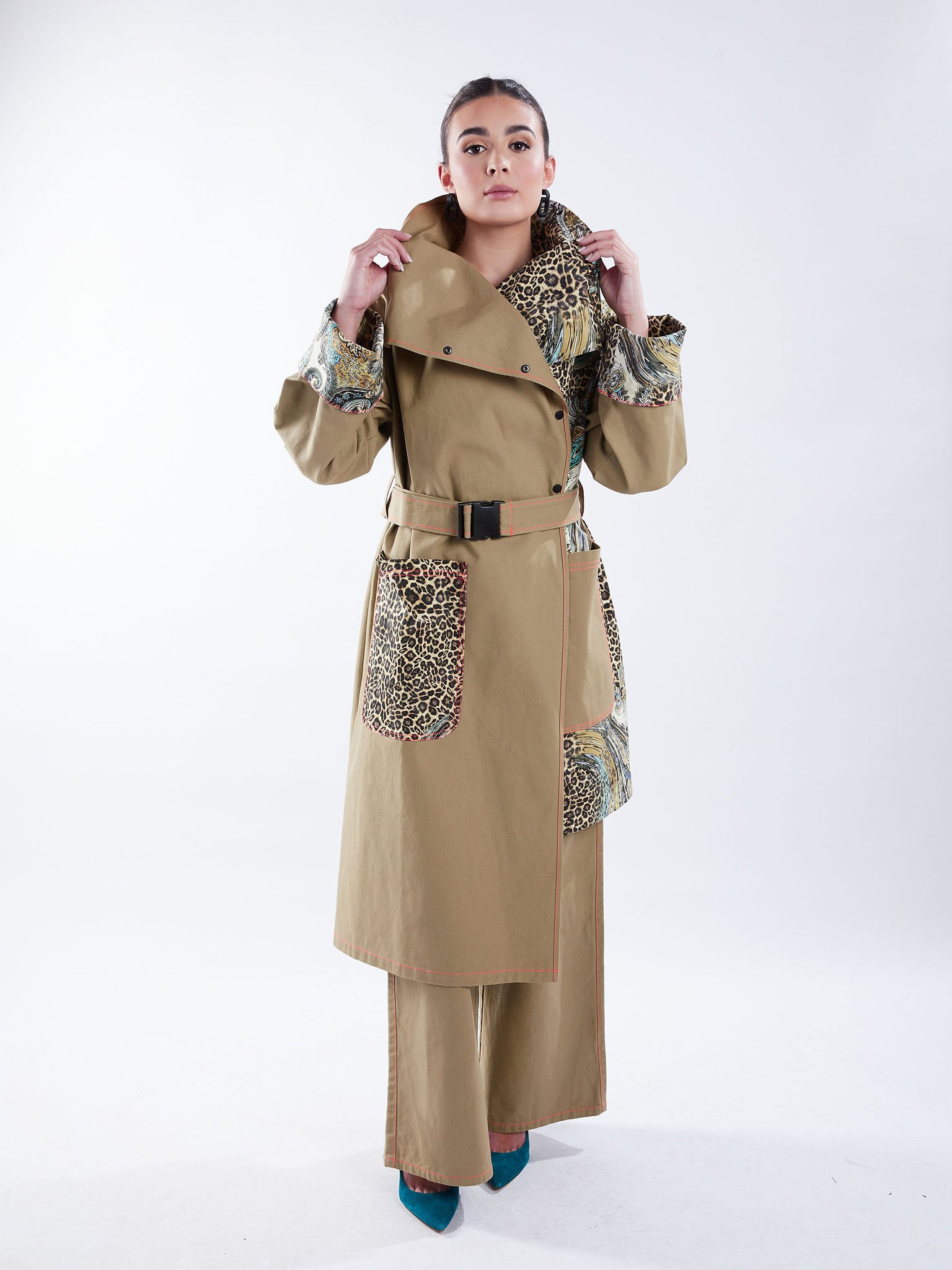Women's Asymmetrical Trench Coat in Tan & Leopard Paisley – Amy