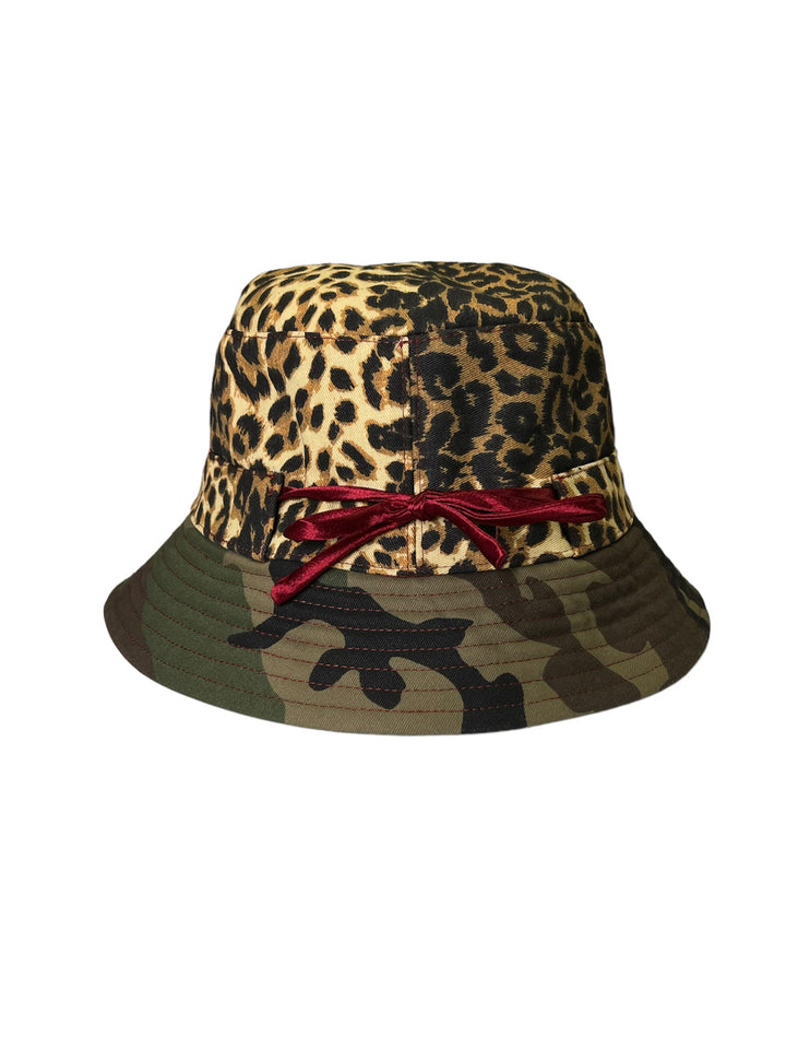 Leopard and camo reversible bucket hat with satin drawstring