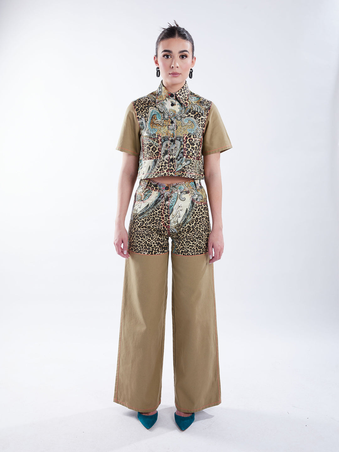 High waisted wide leg pants two tone leopard and paisley duck material 