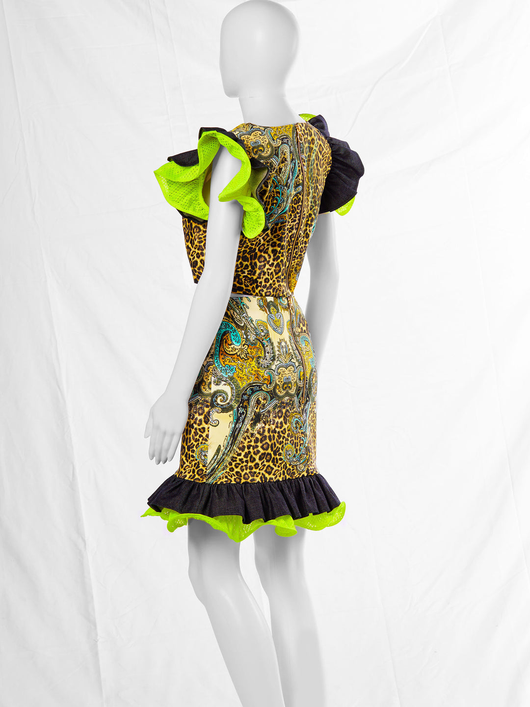 Leopard skirt with neon ruffle and denim ruffle
