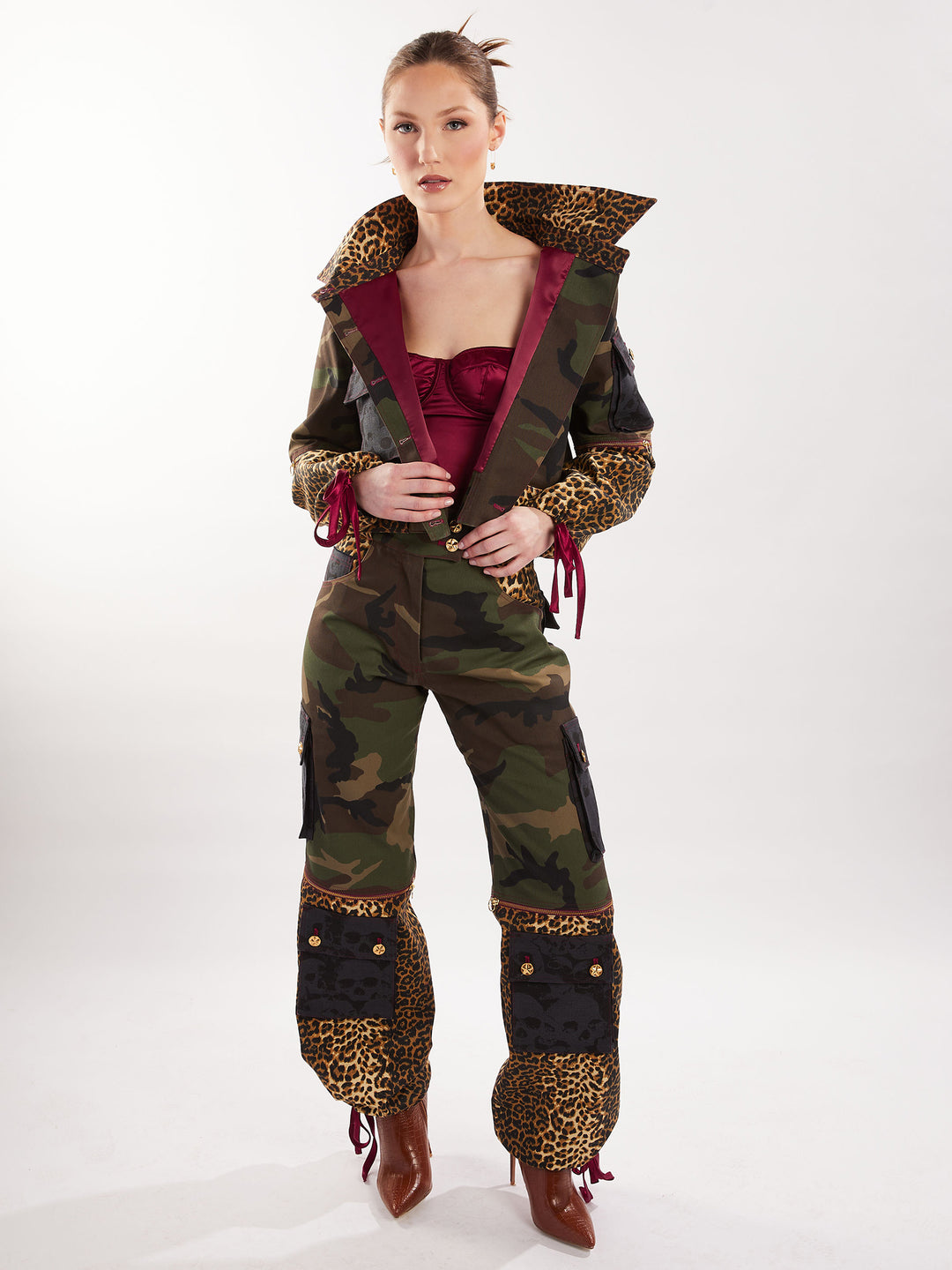 Leopard and camouflage high waisted cargo pants