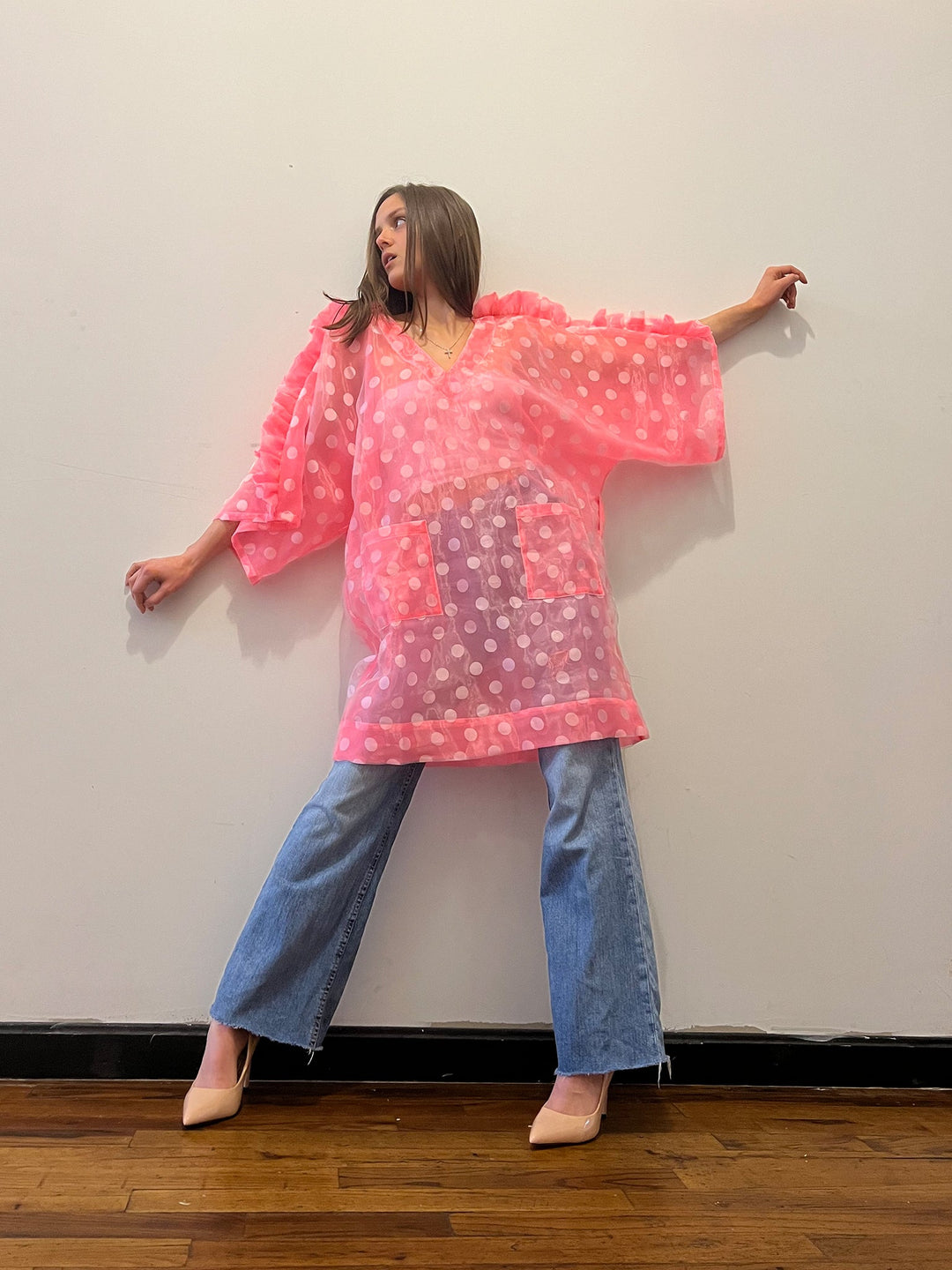 Women's Sheer Pink Kimono Dress with Ruffle Sleeves – Amy Page DeBlasio Women's Sheer Pink Kimono Dress with Ruffle Sleeves – Amy Page DeBlasio