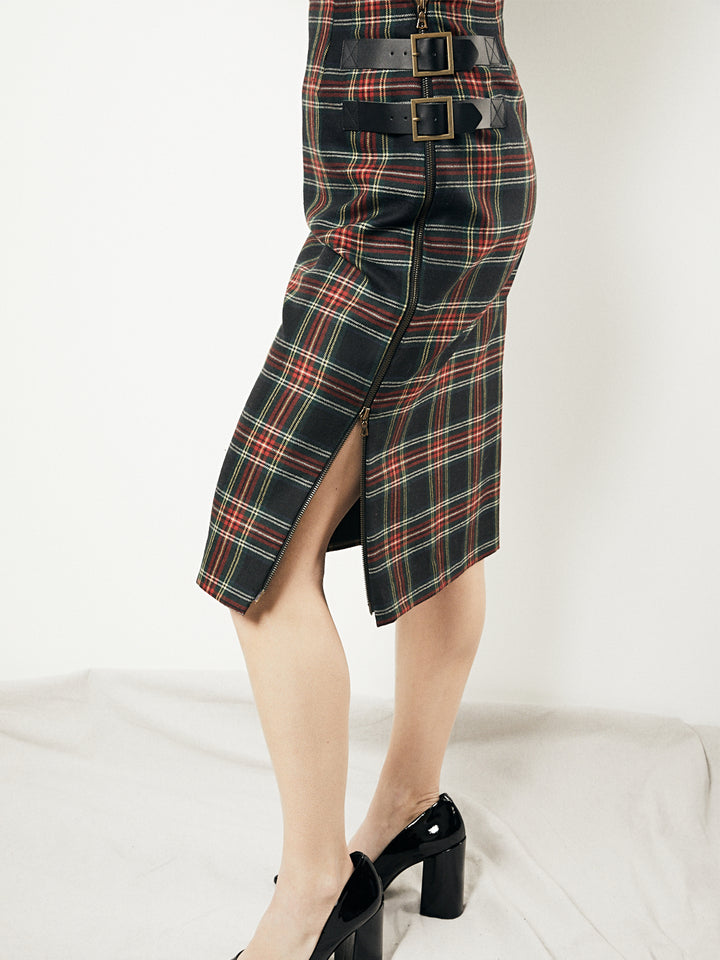 Plaid pencil skirt with buckle