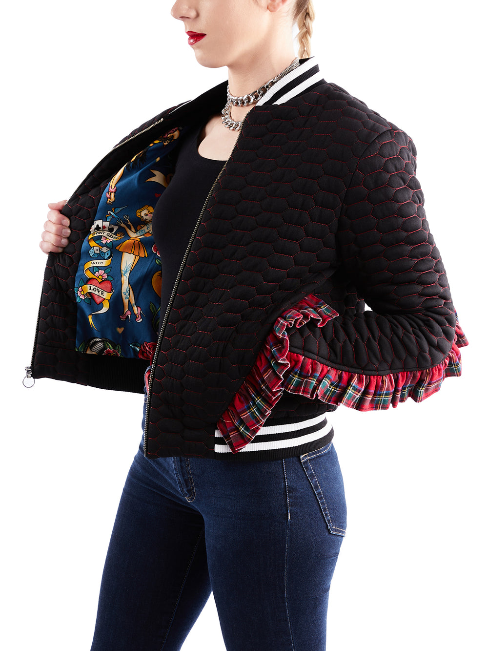 Quilted bomber with ruffle sleeve
