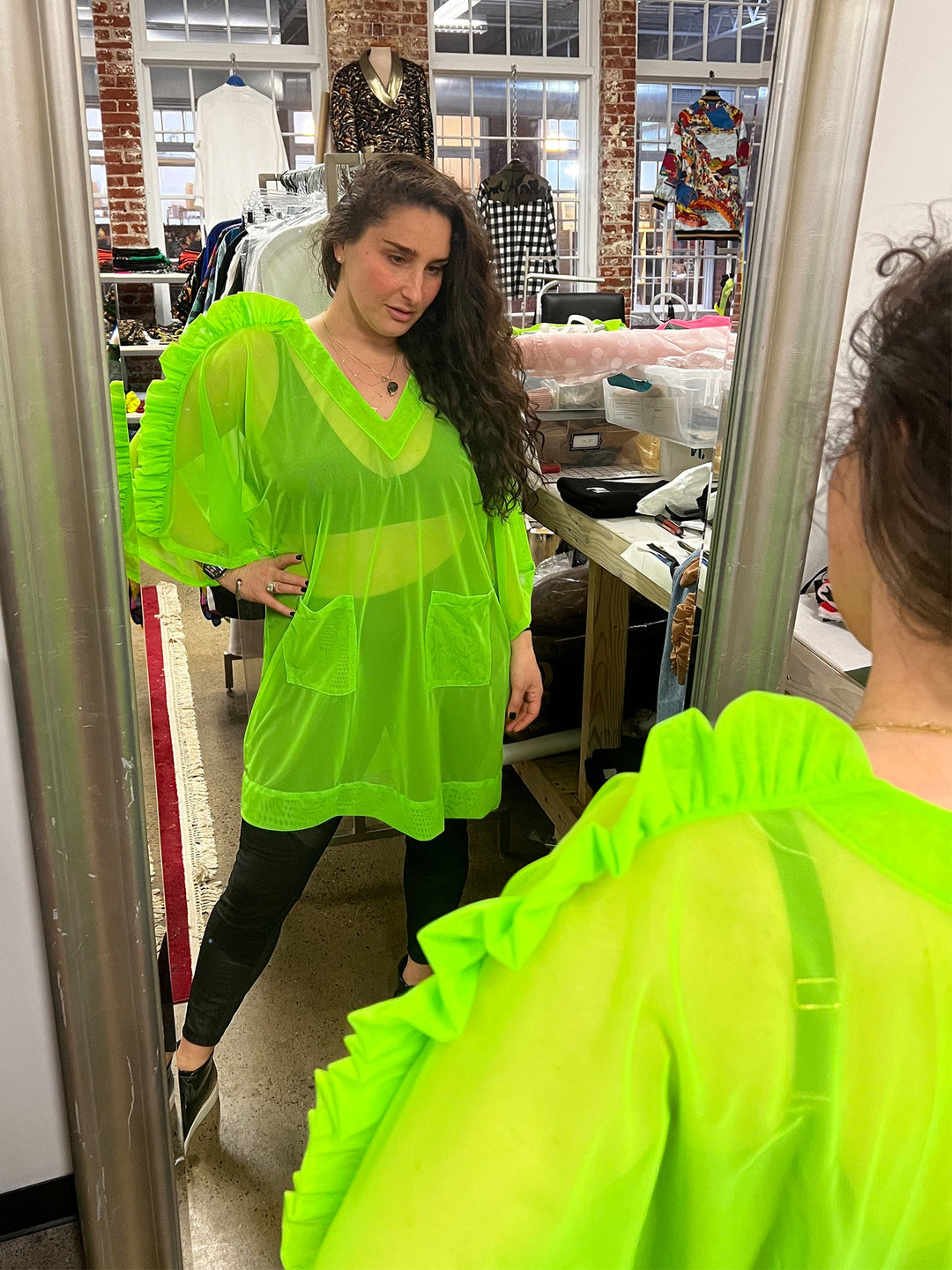 Women's Sheer Lime Green Kimono Dress with Ruffle Sleeves Amy Page DeBlasio Women's Sheer Lime Green Kimono Dress with Ruffle Sleeves Amy Page DeBlasio