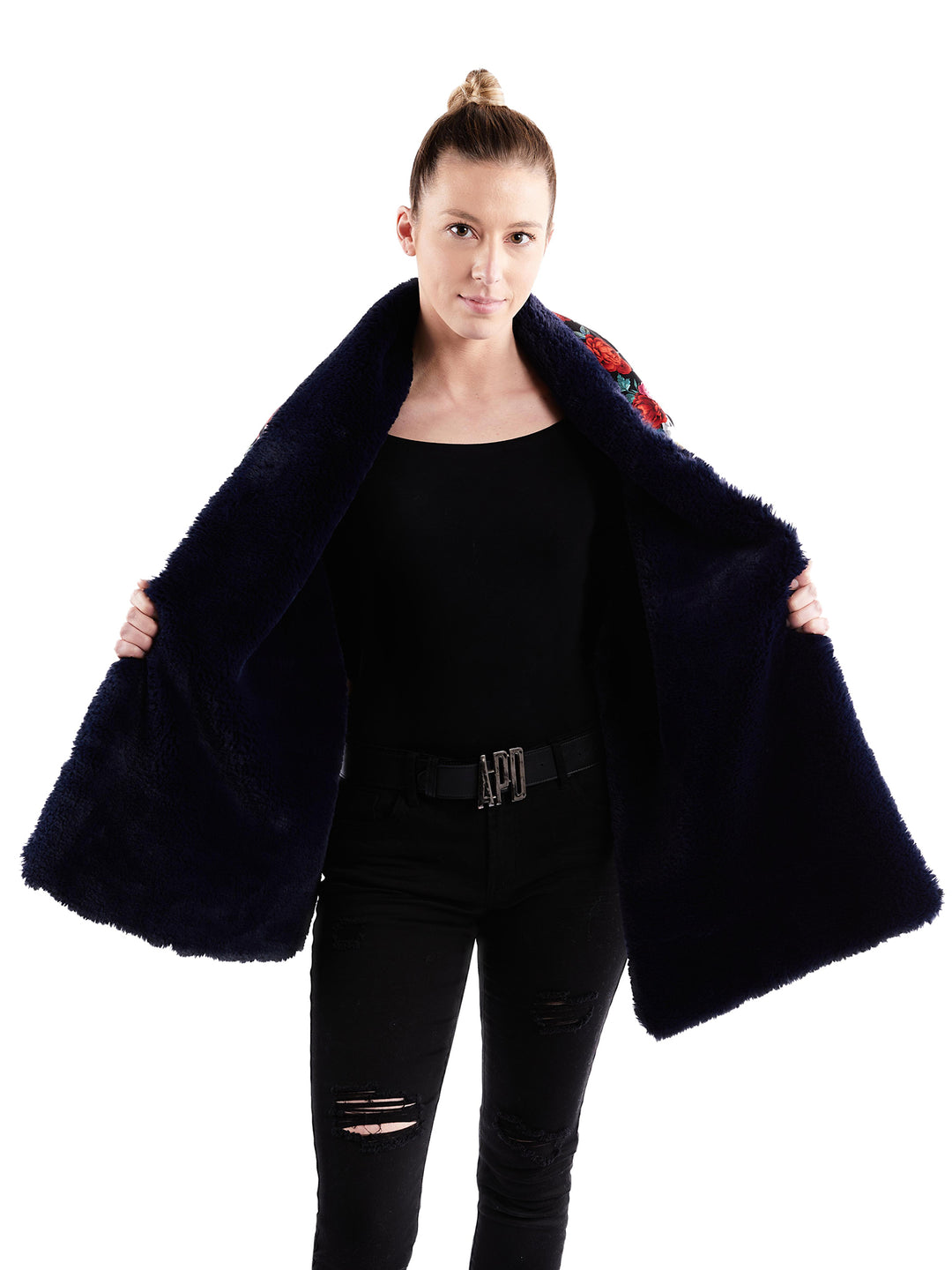 Faux Fur Scarf in Skull Satin and Navy Blue Fur (25% OFF)