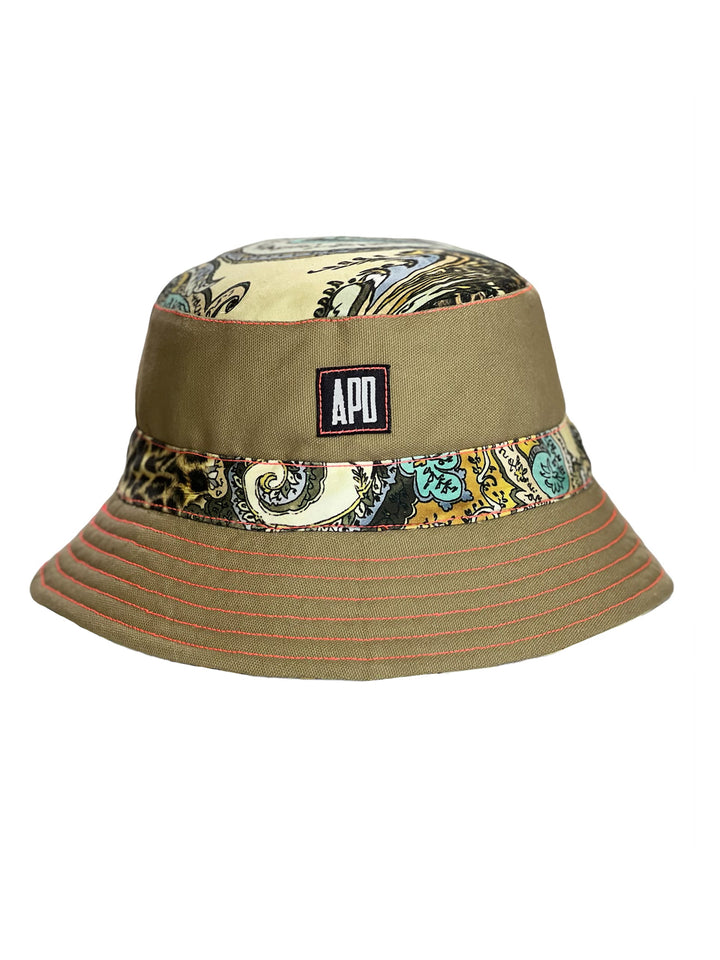 Reversible duck material bucket hat leopard and paisley accent
