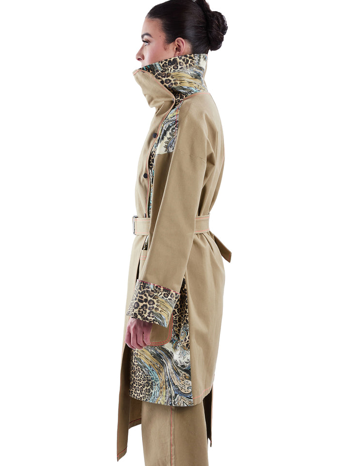 Trench coat with leopard accents trench coat with paisley detail