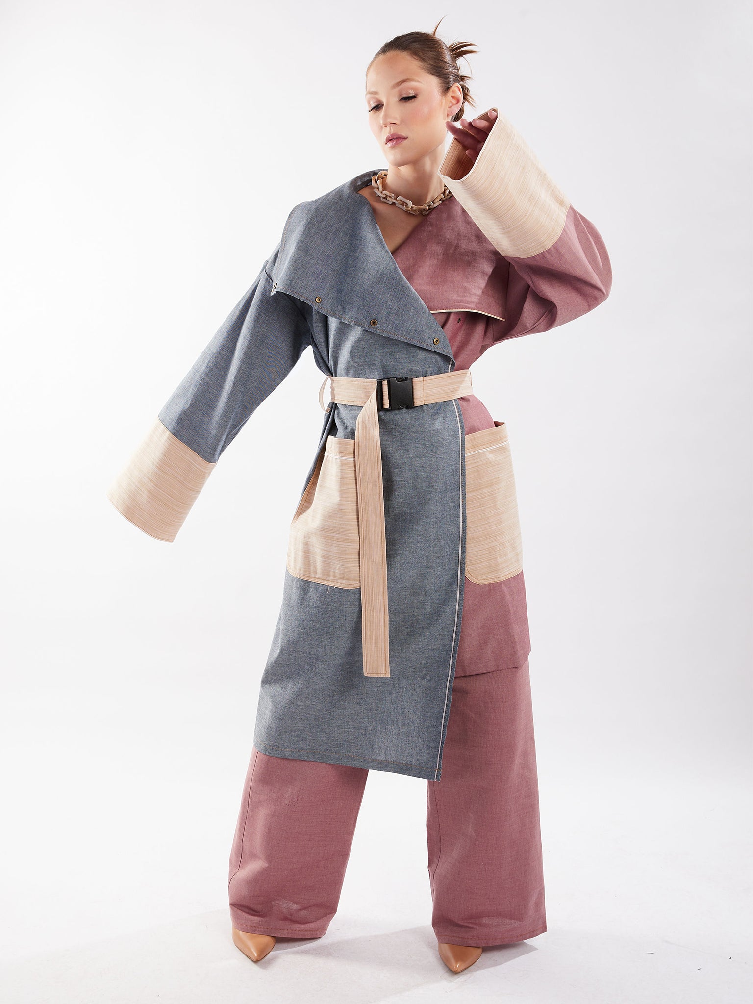 Asymmetric Trench Coat in Blue, Red and Tan Chambray Color Block