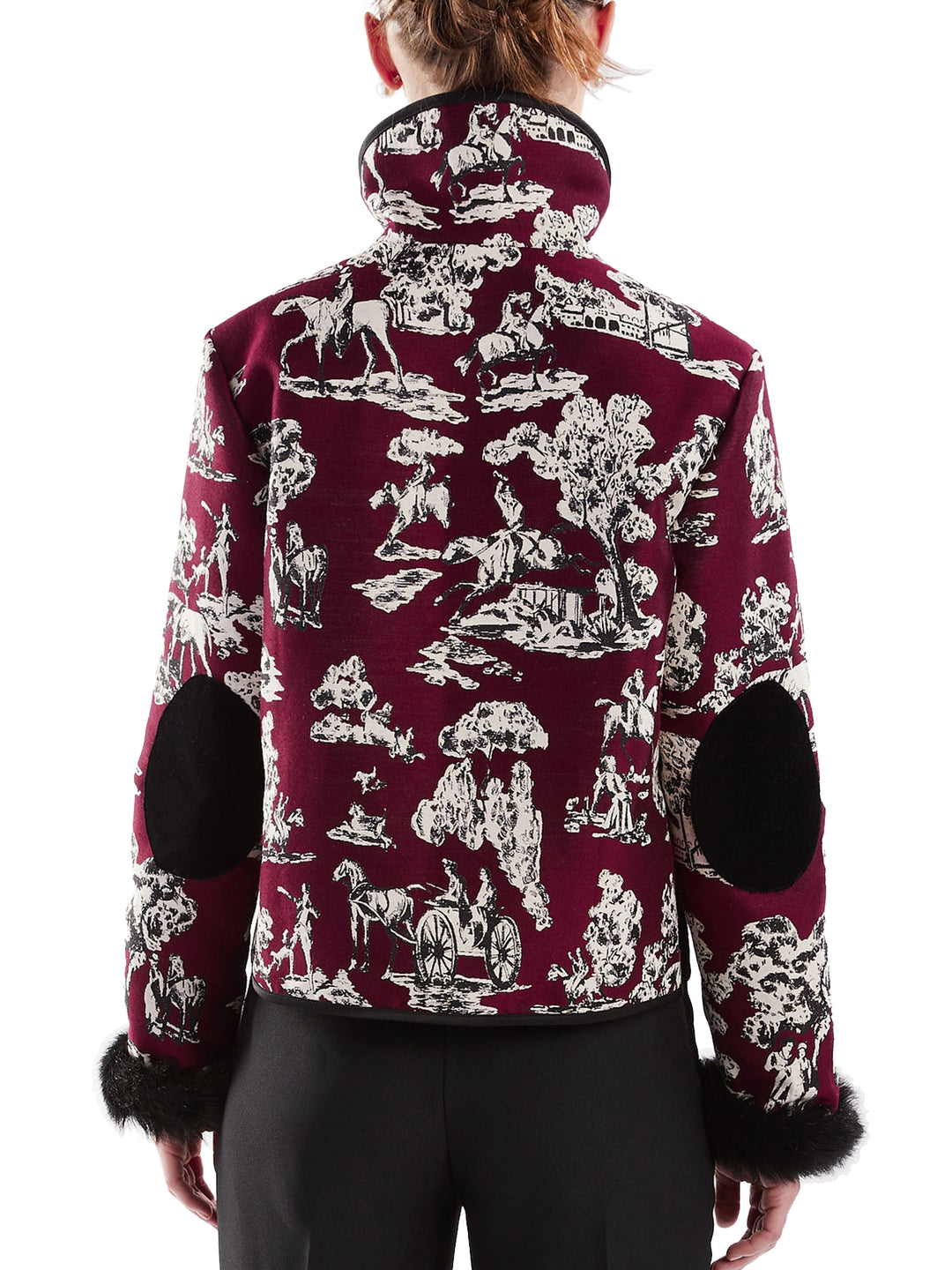 Women’s jacket with elbow pads maroon toile and faux fur cuffs