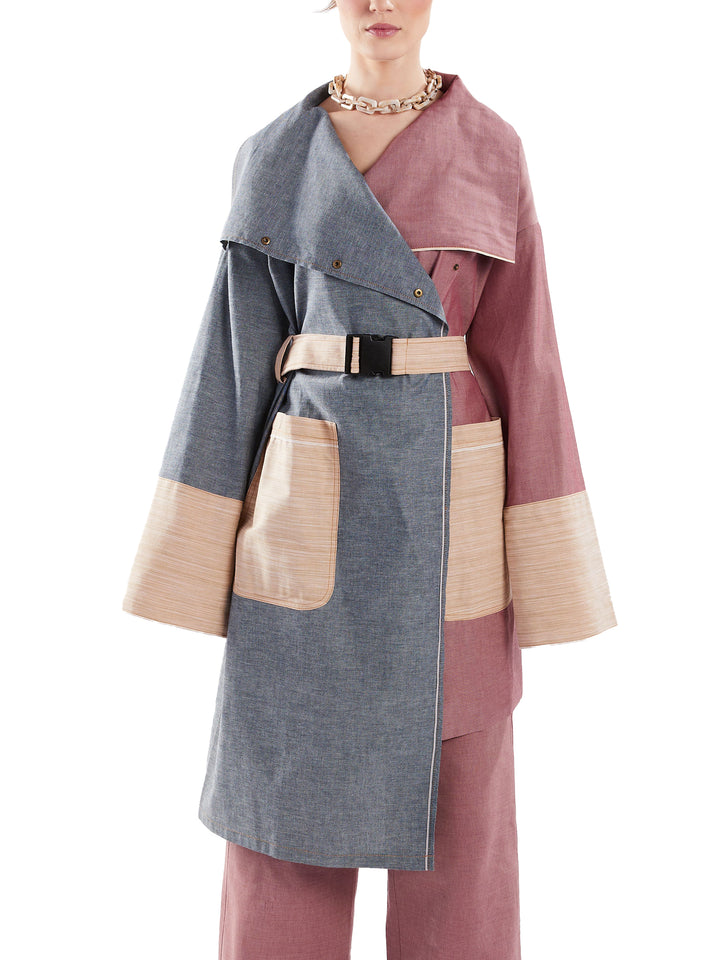 Color block trench coat wide sleeves